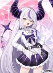  1girl :d ahoge belt black_horns bow braid braided_bangs chest_bow commentary_request contrapposto copyright_notice cropped_jacket demon_horns detached_collar double-parted_bangs fang frilled_bow frilled_skirt frills grey_hair hands_on_own_hips hololive horns jacket la+_darknesss lapel_pin lapels long_hair looking_at_viewer miniskirt multicolored_hair nanana_narang notched_lapels official_alternate_costume official_art open_mouth plaid_bow plaid_clothes plaid_skirt pleated_skirt pointy_ears purple_bow purple_skirt purple_streaks shirt single_hair_streak skirt sleeve_cuffs slit_pupils smile solo streaked_hair striped_horns tail very_long_hair vest virtual_youtuber white_jacket white_shirt white_vest yellow_eyes 