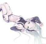  1girl asymmetrical_horns black_horns black_liquid black_nails cakocheri closed_mouth commentary flat_chest forehead goddess_of_victory:_nikke green_eyes grey_hair horns leviathan_(nikke) liquid_clothes long_hair looking_at_viewer lying on_back pubic_tattoo simple_background solo tattoo white_background 