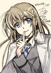  1girl black_jacket blue_eyes blue_necktie brown_hair closed_mouth coat coat_on_shoulders collared_shirt commentary_request dated double-parted_bangs finger_to_mouth hair_between_eyes hair_ornament hair_tie highres index_finger_raised jacket kanna_(plum) long_hair long_sleeves looking_at_viewer lyrical_nanoha mahou_shoujo_lyrical_nanoha_exceeds:_gun_blaze_vengeance necktie shirt sidelocks signature simple_background smile solo suit_jacket twitter_username upper_body watermark white_background white_coat white_shirt x_hair_ornament yagami_hayate 