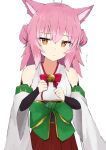  1girl :o absurdres ahoge animal_ear_fluff animal_ears bare_shoulders bell bow commentary_request detached_sleeves double_bun green_bow hair_between_eyes hair_bun hakama hakama_skirt highres japanese_clothes jingle_bell kimono long_sleeves looking_at_viewer neck_bell nyaha obi orange_eyes original parted_lips pink_hair red_bow red_hakama sash simple_background skirt sleeveless sleeveless_kimono solo translation_request white_background white_kimono white_sleeves wide_sleeves 