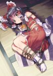  1girl absurdres ascot bare_shoulders bdsm black_hair bondage bound bound_ankles bound_arms bound_legs bow closed_mouth detached_sleeves flat_chest frilled_ascot frilled_bow frilled_shirt_collar frills gunnjou_yosio hair_bow hair_ornament hakurei_reimu highres looking_at_viewer medium_hair midriff red_bow red_shirt red_skirt shibari shibari_over_clothes shirt skirt socks tatami touhou white_sleeves white_socks yellow_ascot yellow_eyes 