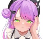  1girl absurdres black_ribbon blush commentary_request fake_horns green_eyes hair_bun hair_ornament hair_ribbon hairclip hand_on_another's_head highres hololive horned_hat horned_headwear horns jirai_kei long_hair looking_at_viewer multicolored_hair official_alternate_costume parallel_hairclips parted_bangs pink_hair pov pov_hands purple_hair raised_inner_eyebrows ramkilog ribbon shirt simple_background single_hair_bun single_side_bun solo_focus swept_bangs tokoyami_towa tokoyami_towa_(jirai_kei) two-tone_hair upper_body virtual_youtuber white_background white_shirt x_hair_ornament 