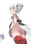  !? 2girls absurdres ass bare_shoulders bi_tian_li_de_xing blue_eyes blue_hair blush breasts bronya_zaychik bronya_zaychik_(drive_kometa) detached_sleeves dress drill_hair from_below grey_eyes grey_hair hair_between_eyes highres honkai_(series) honkai_impact_3rd looking_down multiple_girls no_panties open_mouth red_thighhighs seele_vollerei short_sleeves simple_background sleeveless sleeveless_dress small_breasts solo_focus thighhighs upskirt white_background white_dress 