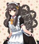  1girl alternate_costume animal_ears apron arknights black_dress blue_sealad blush bow bowtie brown_hair center_frills commentary curtsey dress english_commentary enmaided floral_background frills holding_own_dress honeyberry_(arknights) infection_monitor_(arknights) long_hair looking_at_viewer low_twintails maid maid_apron maid_headdress mouse_ears mouse_girl puffy_short_sleeves puffy_sleeves ribbon short_sleeves smile solo twintails white_apron yellow_bow yellow_bowtie yellow_eyes 