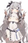  1girl bandaid bandaids_on_nipples breasts clothes_in_mouth cone_hair_bun cowboy_shot double_bun double_v grey_eyes grey_hair hair_bun hair_ribbon heart high-waist_skirt highres hololive hololive_indonesia lifting_own_clothes long_hair medium_breasts mouth_hold no_bra no_panties orobou pasties ribbon shirt_in_mouth skirt solo spoken_heart v very_long_hair vestia_zeta vestia_zeta_(1st_costume) white_skirt 
