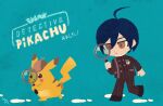  1boy ahoge animated animated_gif blue_background blue_hair brown_eyes brown_hair brown_hat commentary_request copyright_name detective detective_pikachu_(character) detective_pikachu_(series) footprints hakusoto hat holding holding_magnifying_glass magnifying_glass pikachu pokemon saihara_shuichi trait_connection 