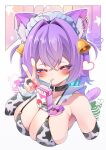  1girl absurdres ahoge alternate_costume animal_collar animal_ear_fluff animal_ear_piercing animal_ears animal_print bell bikini black_collar blush breasts cat_ears cat_girl cat_tail character_name cleavage collar commentary_request cow_print cow_print_bikini cow_print_sleeves crossed_bangs detached_sleeves doodle_inset doom_yorusen drink_carton drinking drinking_straw fingernails food hair_bell hair_between_eyes hair_intakes hair_ornament heart highres hololive jewelry juice_box large_breasts long_fingernails looking_at_viewer maid_headdress milk nekomata_okayu onigiri parted_lips pink_nails print_bikini purple_eyes purple_hair purple_tail ring simple_background solo sparkle star_(symbol) swimsuit tail upper_body v virtual_youtuber white_background 