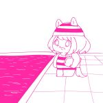  1girl arms_at_sides carrying chibi chibi_only closed_mouth ears_through_headwear full_body highres hishi_miracle_(umamusume) holding_floatie medium_hair monochrome one-piece_swimsuit otomodachi_(kuriuni0) pool poolside solo standing striped_clothes striped_headwear striped_one-piece_swimsuit swim_cap swimsuit tile_floor tiles umamusume water 