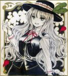  1girl :d black_hat black_skirt black_vest center_frills collared_shirt commentary_request cowboy_shot cross dolls_in_pseudo_paradise frilled_shirt_collar frills hajike_akira hat highres holding holding_cross jacket_girl_(dipp) long_hair long_sleeves looking_at_viewer marker_(medium) neck_ribbon open_mouth red_ribbon ribbon shikishi shirt skirt smile solo touhou traditional_media vest white_shirt 
