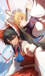  2girls ascot blonde_hair blue_ascot bow brown_hair commentary detached_sleeves dress folded_fan folding_fan frilled_bow frilled_hair_tubes frills hair_bow hair_tubes hakurei_reimu hand_fan hat hat_ribbon highres hirachill16 holding holding_fan long_hair long_sleeves mob_cap multiple_girls open_mouth purple_tabard red_bow red_eyes red_ribbon red_skirt ribbon skirt skirt_set smile tabard touhou white_dress white_hat wide_sleeves yakumo_yukari yellow_eyes 