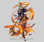  1girl armor asymmetrical_legwear battle_damage black_armor black_gloves bodystocking breasts cleavage clenched_teeth commentary_request covered_navel dark-skinned_female dark_skin eyepatch fire fire_emblem fire_emblem_heroes gloves gradient_hair green_hair hair_over_one_eye headpiece holding holding_scythe holding_weapon laegjarn_(fire_emblem) laegjarn_(flame_miracle)_(fire_emblem) large_breasts looking_at_viewer maeshima_shigeki medium_hair mismatched_legwear multicolored_hair official_alternate_costume official_alternate_hairstyle official_art open_mouth orange_hair pelvic_curtain red_eyes scythe shoulder_armor single_thighhigh solo teeth thighhighs thighs torn_clothes weapon 