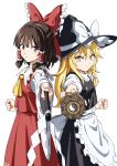  2girls apron ascot back_bow black_hat black_skirt black_vest blonde_hair bow braid brown_hair chest_sarashi clenched_hand closed_mouth commentary_request detached_sleeves frilled_bow frilled_hair_tubes frills gohei hair_bow hair_tubes hakurei_reimu hat hat_bow highres holding holding_gohei inuno_rakugaki kirisame_marisa long_hair looking_at_viewer mini-hakkero multiple_girls red_bow red_eyes red_skirt ribbon-trimmed_sleeves ribbon_trim sarashi side_braid simple_background single_braid skirt skirt_set touhou vest waist_apron white_apron white_background white_bow witch_hat yellow_ascot yellow_eyes 