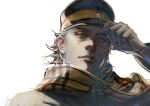  1boy adjusting_clothes adjusting_headwear black_hair commentary golden_kamuy hat highres kepi looking_at_viewer male_focus military_hat peaked_cap scar scar_on_cheek scar_on_face scar_on_mouth scarf short_hair simple_background solo star_(symbol) sugimoto_saichi twitter_username untranslatable_commentary upper_body w55674570w white_background yellow_eyes yellow_scarf 
