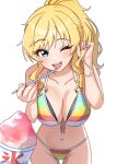  1girl bikini blonde_hair blue_eyes breasts cleavage commentary_request cup disposable_cup drinking_straw eating food high_ponytail highres holding holding_drinking_straw idolmaster idolmaster_cinderella_girls large_breasts long_hair multicolored_bikini navel niban_(puka_0507) ohtsuki_yui one_eye_closed open_mouth ponytail shaved_ice simple_background smile solo spoon_straw stomach striped_bikini striped_clothes swimsuit wavy_hair wavy_sidelocks white_background 