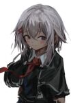  1girl absurdres black_capelet black_shirt blue_eyes blush capelet closed_mouth collared_shirt eriottonura87 floating_neckwear grey_hair hair_between_eyes hair_ornament hairclip highres looking_at_viewer medium_hair necktie otonashi_ayana red_necktie school_uniform shirt sidelocks simple_background sketch smile solo tsui_no_sora tsui_no_sora_(remake) tsurime upper_body white_background 