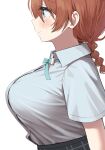  1girl absurdres aqua_ribbon black_skirt blue_eyes blush braid breasts closed_mouth collared_shirt commentary_request emma_verde freckles from_side highres large_breasts love_live! love_live!_nijigasaki_high_school_idol_club low_twin_braids neck_ribbon nijigasaki_school_uniform red_hair ribbon school_uniform shirt shirt_tucked_in short_sleeves simple_background skirt smile solo twin_braids white_background white_shirt yuu_(shampoohatslime) 