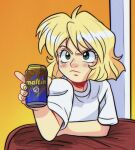  1girl alcohol beer beer_can blonde_hair blush bob_cut can closed_mouth commentary derivative_work dress_shirt drink drink_can elbow_rest eyelashes film_grain furrowed_brow gradient_background green_eyes gunsmith_cats holding holding_drink index_finger_raised indoors light_frown looking_afar looking_ahead minnie_may_hopkins nose nose_blush scene_reference screenshot_redraw shirt short_hair solo spanish_commentary t-shirt upper_body upturned_eyes waldo_(waldoarte) white_shirt 
