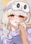  1girl absurdres aoba_(blue_archive) blonde_hair blue_archive blush commentary_request dress grabbing_another's_hand grey_background halo hand_on_another's_cheek hand_on_another's_face highres long_hair long_sleeves looking_at_viewer mask_lift ontama_(ontama_link1235) open_mouth orange_halo pajamas pov pov_hands purple_dress red_eyes shuppo_(blue_archive) sleep_mask solo_focus 