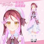  1girl bag belt black_belt bow character_name collar commentary_request dress english_text flower frilled_socks frills hair_ornament handbag hat highres instrument logo long_hair long_sleeves love_live! love_live!_sunshine!! multicolored_hair musical_note official_art piano piano_keys pink_background pink_hair red_hair sakurauchi_riko shoes simple_background skirt socks solo streaked_hair 