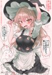  1girl absurdres apron back_bow black_hat black_skirt black_vest blonde_hair blood blush bow braid breasts commentary_request frilled_skirt frills green_bow hair_bow hat highres hitodama kirisame_marisa konpaku_youmu konpaku_youmu_(ghost) long_hair looking_at_viewer medium_breasts nosebleed open_mouth orange_eyes pink_background puffy_short_sleeves puffy_sleeves short_sleeves side_braid single_braid skirt speech_bubble sweat touhou translation_request very_long_hair vest waist_apron white_apron white_bow witch_hat youyume-kun 