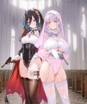  2girls :/ alternate_costume azur_lane bangs black_cape black_hair black_headwear black_leotard blue_hair blurry blurry_background breast_hold breasts bridal_veil brown_thighhighs cape church cirilla_lin cleavage cleavage_cutout closed_mouth clothing_cutout clover_hair_ornament collared_shirt colored_tips cross cross_earrings crotch_zipper ear_piercing earrings eyes_visible_through_hair frills gloves gradient_hair gun hair_between_eyes hair_ornament handgun highleg highleg_leotard highres holding holding_gun holding_weapon indoors jewelry large_breasts legs_together leotard long_hair long_sleeves luger_p08 medium_breasts multicolored_hair multiple_girls o-ring_strap piercing pink_headwear pink_sleeves plymouth_(azur_lane) puffy_long_sleeves puffy_sleeves purple_eyes purple_hair revolver shirt short_hair sideboob sidelocks slit_pupils smile thigh_strap thighhighs thighs torn_cape torn_clothes ulrich_von_hutten_(azur_lane) underboob underboob_cutout underbust veil weapon weapon_request webley_revolver white_garter_straps white_gloves white_shirt white_thighhighs yellow_eyes zipper 