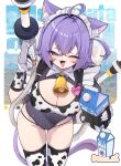  1girl :3 absurdres ahoge alternate_costume animal_ear_fluff animal_ears animal_print bell bikini bikini_top_only blush breasts cat_ears cat_girl cat_tail cleavage cleavage_cutout clothing_cutout collar commentary cow_print cow_print_bikini cow_print_gloves cow_print_thighhighs crossed_bangs doom_yorusen drink_carton gloves grey_sweater hair_between_eyes hair_intakes happy heart highres hololive large_breasts looking_at_viewer maid_headdress medium_hair milk milk_carton milking_machine neck_bell nekomata_okayu one_eye_closed open_mouth print_bikini print_gloves print_thighhighs purple_eyes purple_hair purple_tail safety_pin solo sweater swimsuit tail thighhighs translation_request virtual_youtuber white_collar 