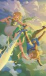  1boy 1girl above_clouds absurdres anklet armlet armor artist_name bare_shoulders barefoot belt belt_pouch blonde_hair blue_eyes blue_tunic boots bracelet bracer breasts brown_belt brown_boots brown_pants champion's_tunic_(zelda) cloud cloudy_sky collarbone commentary dated dress earrings english_commentary evening facial_mark falling fingerless_gloves fingernails floating_island gloves gold_ring green_dress green_eyes green_nails green_tabard halhe highres holding holding_sword holding_weapon jewelry lake link looking_at_another looking_to_the_side magatama magatama_necklace master_sword medium_breasts mixed-language_commentary multiple_belts multiple_rings necklace outdoors pants parted_lips ponytail pouch princess_zelda ring secret_stone sharp_fingernails short_hair short_sleeves shoulder_armor shoulder_belt sidelocks single_vambrace sky strapless strapless_dress sword tabard teardrop_facial_mark the_legend_of_zelda the_legend_of_zelda:_tears_of_the_kingdom tiara triforce tunic two-tone_dress vambraces weapon white_dress 