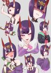  1girl absurdres bare_shoulders blush bob_cut breasts chibi commentary_request eyeliner fate/grand_order fate_(series) headpiece highres horns izanaware_game japanese_clothes kimono long_sleeves looking_at_viewer makeup multiple_views oni open_mouth purple_eyes purple_hair purple_kimono short_eyebrows short_hair shuten_douji_(fate) shuten_douji_(under_the_same_sky)_(fate) skin-covered_horns smile 
