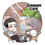  2boys bandaid bandaid_on_face black_eyes black_pants black_sandals blue_eyes blue_shirt brown_hair brown_shoes brown_shorts cafe chair character_request collared_shirt commentary_request crossed_legs cup disposable_cup door drinking ear_piercing english_text fluffy_hair from_side golden_kamuy grey_hair hair_slicked_back holding holding_cup looking_at_another loose_hair_strand ma9l4raa male_focus multiple_boys ogata_hyakunosuke pants piercing sandals shirt shoes shorts sideburns sitting solid_eyes sweat table window wooden_table 