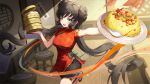  1girl :d ;d absurdres ao_no_kiseki architecture bamboo_steamer bar_stool bike_shorts black_shorts blush breasts brown_hair china_dress chinese_clothes chinese_knot chinese_spoon commentary commission double_bun dress east_asian_architecture eiyuu_densetsu floating_hair food foot_out_of_frame fried_rice gold_trim green_eyes hair_bun highres holding holding_bamboo_steamer holding_plate indoors long_hair looking_at_viewer medium_breasts one_eye_closed open_mouth outstretched_arm plate red_dress red_shoes salmonppang shanshan_(eiyuu_densetsu) shoes short_shorts short_sleeves shorts shrimp_tail smile solo standing standing_on_one_leg stool teeth twintails upper_teeth_only very_long_hair wooden_floor xiaolongbao zero_no_kiseki 