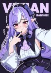  1girl absurdres black_background bow breasts character_name closed_mouth clothing_cutout commentary_request detached_sleeves hair_bow heart highres long_hair magikflaan medium_breasts mole mole_under_eye nail_polish pink_eyes pointy_ears purple_hair purple_nails shirt side_cutout sideboob simple_background solo upper_body v very_long_hair vivian_banshee wavy_hair white_shirt zenless_zone_zero 