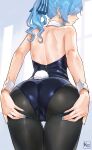  1girl alternate_costume ass backless_leotard black_leotard black_pantyhose blue_hair blue_nails blue_ribbon cameltoe closed_mouth commentary detached_collar english_commentary fake_tail from_behind hair_ribbon highres hololive hoshimachi_suisei kurodai711 leotard median_furrow medium_hair nail_polish pantyhose playboy_bunny ponytail rabbit_tail ribbon sidelocks solo spread_pussy spread_pussy_under_clothes strapless strapless_leotard tail thigh_gap virtual_youtuber wrist_cuffs 