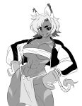  1girl abs animal_ears body_markings borrowed_character bow breasts budget_sarashi commentary cowboy_shot cropped_jacket dark-skinned_female dark_skin english_commentary fang greyscale highres jacket large_breasts letterman_jacket monochrome muscular muscular_female original oven_mitts pelvic_curtain sarashi short_hair solo spicymancer tail thick_eyebrows thick_thighs thighs tiger_ears tiger_girl tiger_nut_milk_(bakuatsukiyu) tiger_tail 