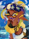  1girl :3 absurdres arm_up artist_name bare_shoulders bike_shorts black_shirt black_shorts blonde_hair blue_flower blue_sky blush cephalopod_eyes clam_shell cloud colored_extremities colored_eyelashes colored_tips colored_tongue commentary_request crop_top dark-skinned_female dark_skin earrings fangs flower frye_(splatoon) frye_(splatoon_raiders) gradient_hair hair_ornament hair_tie hand_on_own_head head_wreath highres inkling jewelry leaning_forward long_eyelashes long_pointy_ears looking_at_viewer manma_628 medium_hair midriff multicolored_hair multiple_boys navel ocean one_eye_closed open_mouth outdoors pointy_ears ponytail purple_hair purple_tongue raised_eyebrows sarong seashell shawl shell shirt short_eyebrows short_ponytail shorts sky smile solo splatoon_(series) splatoon_raiders standing starfish starfish_hair_ornament tentacle_hair twitter_username two-tone_hair watermark waves white_sarong yellow_eyes yellow_shawl 