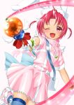  1girl animal_ears bag belt blue_thighhighs boots braid commentary_request dress fang foot_out_of_frame gloves hat hexagram highres holding holding_staff jewelry kamuba7772008 long_hair looking_at_viewer magical_girl nakahara_komugi necklace nurse_cap nurse_witch_komugi-chan one_eye_closed open_mouth pink_boots pink_dress pink_eyes pink_hair rabbit_ears short_dress short_sleeves shoulder_bag single_braid smile solo staff thighhighs two_side_up white_belt white_gloves white_wings wings zettai_ryouiki 