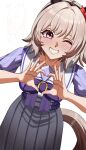  1girl animal_ears black_hairband blush bow bowtie commentary_request curren_chan_(umamusume) ear_bow four-finger_heart_hands grey_hair grey_tail hairband heart heart_hands highres horse_ears horse_girl horse_tail horseshoe_ornament looking_at_viewer motusii one_eye_closed pleated_skirt purple_bow purple_bowtie purple_eyes purple_shirt red_bow sailor_collar sailor_shirt school_uniform shirt short_hair short_sleeves signature simple_background skirt smile solo tail tracen_school_uniform umamusume white_background white_sailor_collar white_skirt 