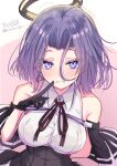  1girl absurdres black_gloves breasts capelet commentary_request gloves halo headgear high-waist_skirt highres hizaka kantai_collection large_breasts looking_at_viewer mechanical_halo medium_hair one-hour_drawing_challenge partially_fingerless_gloves purple_eyes purple_hair ribbon shirt short_hair skirt sleeveless sleeveless_shirt solo tatsuta_(kancolle) tatsuta_kai_ni_(kancolle) 