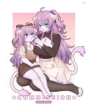  2girls animal_ears aqua_eyes blush breasts brown_skirt cleavage cleavage_cutout clothing_cutout commentary commission english_commentary full_body furry furry_female hair_ornament hairclip heterochromia highres jewelry long_hair long_sleeves looking_at_another mo_(k40633) mother_and_child mother_and_daughter multiple_girls necklace original parent_and_child pleated_skirt purple_eyes purple_hair shirt_tucked_in short_sleeves sitting skirt smile snout star_(symbol) star_necklace tail thick_eyebrows thighs turtleneck white_skirt 