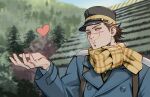  1boy backpack bag blue_coat brown_hair buttons coat commentary_request double-breasted frieren_blowing_a_kiss golden_kamuy hat heart highres house kepi looking_ahead male_focus military_hat military_uniform nature outstretched_arm peaked_cap pine_tree scar scar_on_cheek scar_on_face scar_on_mouth scarf short_hair solo standing sugimoto_saichi tree twitter_username upper_body w55674570w yellow_eyes yellow_scarf 