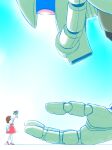  1girl absurdres aobito_sukoyaka_bystander blue_sky borjarnon brown_hair cable child commentary_request dress flower gradient_background gundam highres holding holding_flower looking_down mecha mobile_suit one-eyed_mecha pantyhose robot science_fiction signature size_difference sky turn_a_gundam white_pantyhose zaku_ii 