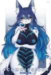  1girl absurdres animal_ear_fluff animal_ears arm_under_breasts blue_eyes blue_hair breasts commentary commission completely_nude cowboy_shot english_commentary furry furry_female hair_between_eyes hand_up heart highres large_breasts long_hair looking_at_viewer mo_(k40633) multicolored_hair nipples nude original parted_lips pussy smile snout solo streaked_hair tail thighs uncensored 