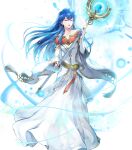  1girl bangs blue_eyes blue_hair bridal_gauntlets dress elice_(fire_emblem) fire_emblem fire_emblem:_mystery_of_the_emblem fire_emblem_heroes full_body gold_trim highres long_dress long_hair long_sleeves non-web_source official_art shiny shiny_hair solo transparent_background white_dress wide_sleeves 