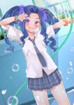  1girl :d alternate_costume arms_up blush child cleaning_pool collarbone commentary_request contemporary cowboy_shot curtained_hair day empty_pool english_commentary grey_necktie grey_skirt hair_ribbon highres holding holding_hose hose long_hair melty_q_melromarc miniskirt mixed-language_commentary necktie nekokyun orange_scrunchie paid_reward_available plaid_clothes plaid_skirt pool purple_eyes purple_hair purple_nails purple_ribbon ribbon scrunchie shiny_skin shirt skirt smile soap_bubbles solo spraying standing tate_no_yuusha_no_nariagari variant_set water_drop white_shirt 