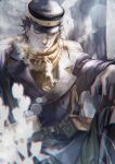  1boy arm_on_knee backpack bag bear_cub belt belt_buckle black_hair blue_jacket buckle closed_eyes closed_mouth commentary_request golden_kamuy hat highres jacket kepi male_focus military_hat military_uniform outdoors peaked_cap pine_tree pouch scar scar_on_cheek scar_on_face scar_on_mouth scarf short_hair sitting solo star_(symbol) sugimoto_saichi tree twitter_username w55674570w yellow_scarf 