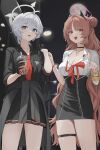  2girls absurdres black_gloves black_jacket black_shirt black_skirt blue_archive blue_eyes breasts cleavage clothes_around_waist collared_shirt commentary demon_girl demon_horns dolri double_bun drink erika_(blue_archive) fingernails gloves grey_hair hair_bun half_gloves halo high-waist_skirt highres holding holding_drink horns jacket jacket_around_waist kirara_(blue_archive) large_breasts long_fingernails long_hair looking_at_viewer multiple_girls necktie pencil_skirt pink_hair pink_halo pink_nails pleated_skirt red_eyes red_necktie red_ribbon ribbon shirt short_hair skirt very_long_hair white_halo white_shirt 