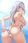  1girl absurdres ass back bamboo_tac bare_arms bare_shoulders bikini bikini_tug blue_background blue_sky blush breasts closed_mouth cloud commentary_request commission day dogmatika_fleurdelis_the_knighted duel_monster fleurdelis_(yu-gi-oh!) from_behind front-tie_bikini_top front-tie_top gradient_background grey_hair hair_between_eyes hair_intakes highres large_breasts leaning_forward long_hair looking_at_viewer looking_back median_furrow outline purple_eyes shoulder_blades side-tie_bikini_bottom sideboob skeb_commission sky solo swimsuit thighs turning_head underboob very_long_hair wet white_bikini white_outline yu-gi-oh! 