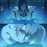  2boys artist_logo blush chest_tattoo closed_mouth collarbone commentary english_commentary facial_tattoo fingernails hair_between_eyes highres honkai:_star_rail honkai_(series) i'll_teach_you_everything_(chainsaw_man) in_water logo long_hair male_focus multiple_boys mydei_(honkai:_star_rail) neck_tattoo nude open_hands partially_submerged pectorals phainon_(honkai:_star_rail) scene_reference short_hair skinny_dipping smile tattoo water wet wet_hair yaoi yellow_eyes zenk105 