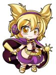  1girl blonde_hair blush bracelet chibi chibi_only cloak closed_mouth commentary_request earmuffs frilled_skirt frills full_body hair_between_eyes jewelry pointy_hair purple_cloak purple_skirt ritual_baton sandals shinjitsu shirt short_hair simple_background skirt sleeveless sleeveless_shirt smile solo standing touhou toyosatomimi_no_miko white_background yellow_eyes yellow_sandals yellow_shirt 
