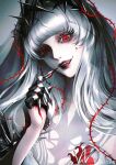  1girl absurdres black_gloves black_veil blood blood_from_mouth blood_on_face blood_on_hand blunt_bangs breast_tattoo chinese_commentary commentary coquelic_(path_to_nowhere) eyelashes fangs finger_claws gloves half_gloves highres long_hair looking_at_viewer official_alternate_costume path_to_nowhere plant pointing pointing_at_self red_eyes see-through_clothes see-through_veil smile solo straight_hair tattoo thorns upper_body vampire veil vines watermark weibo_username weibo_watermark white_hair yu_zhezhe 