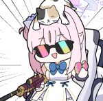  1girl animal_on_head blue_archive cat cat_on_head chibi commentary_request donut dress food gameplay_mechanics gun h&amp;k_psg1 hair_bun hair_ornament halo holding holding_donut holding_food holding_gun holding_weapon long_hair lowres mika_(blue_archive) nyaru_(nyaru_4126) on_head pink_hair rifle scrunchie single_side_bun smile sniper_rifle sunglasses weapon wheelchair white_background white_dress 